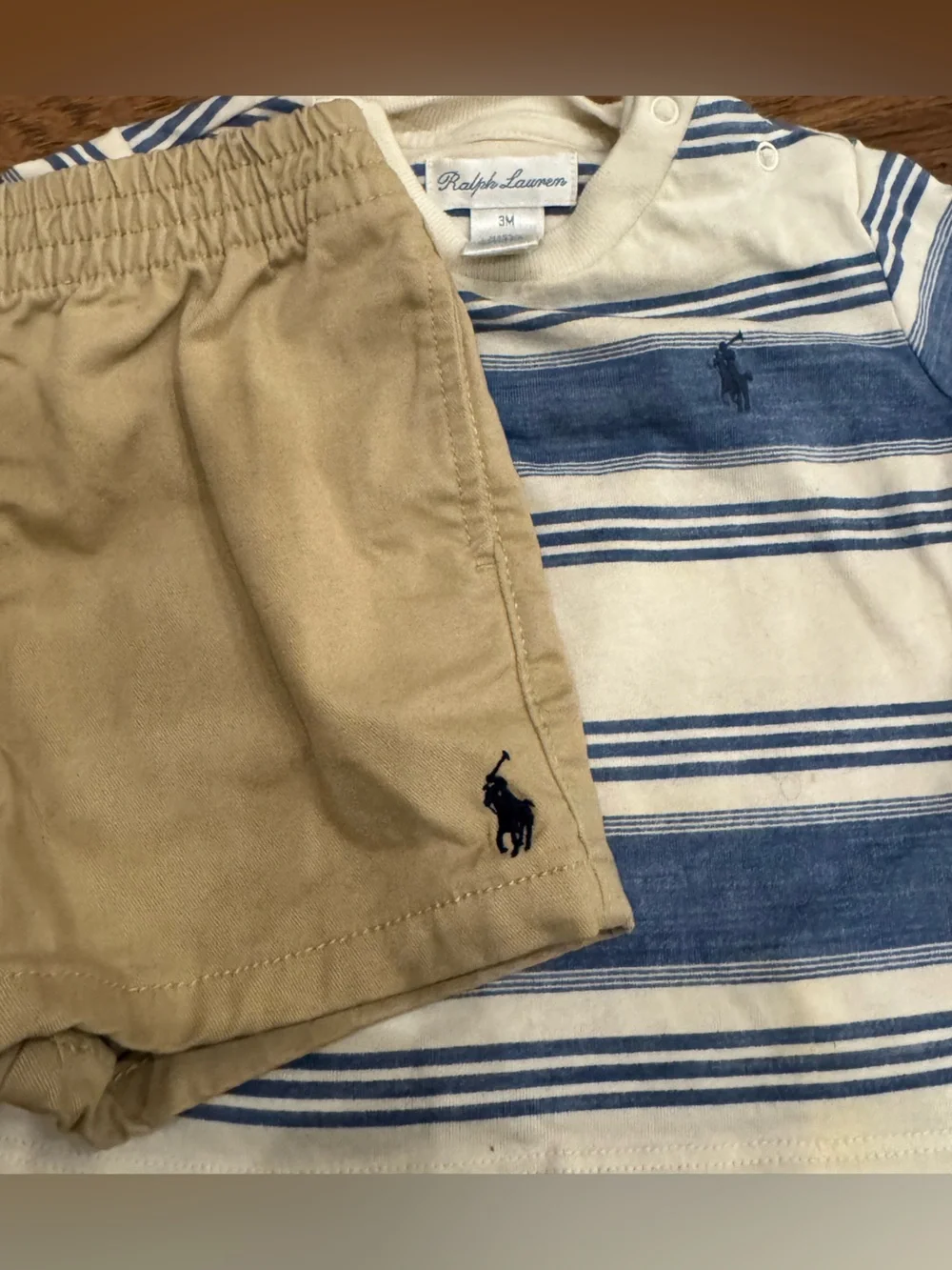 Ralph Lauren Cream & Blue Striped Short Sleeve Tee with Tan Shorts